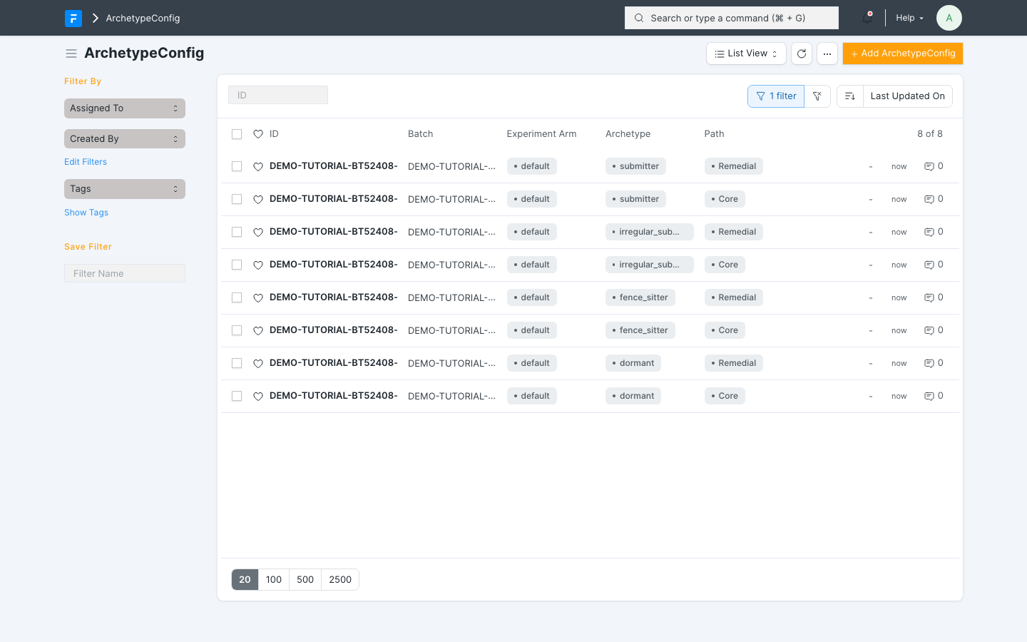 ArchetypeConfig list for one batch